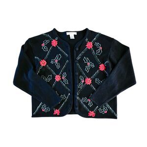 Vtg Christmas Cardigan Beaded Holly Poinsettia Ugly Sweater Party Size L Black